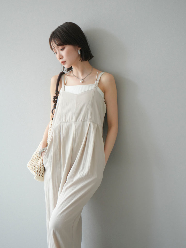 [SET]リネンライクビスチェデザインサロペット+ダブルストラップカットリブブラキャミソール(2set)