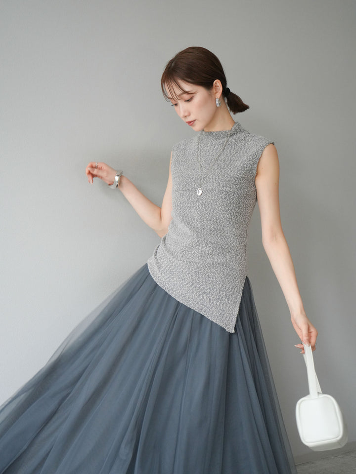 [SET]ブークレアシメニットノースリーブトップス+チュールボリュームスカート(2set)