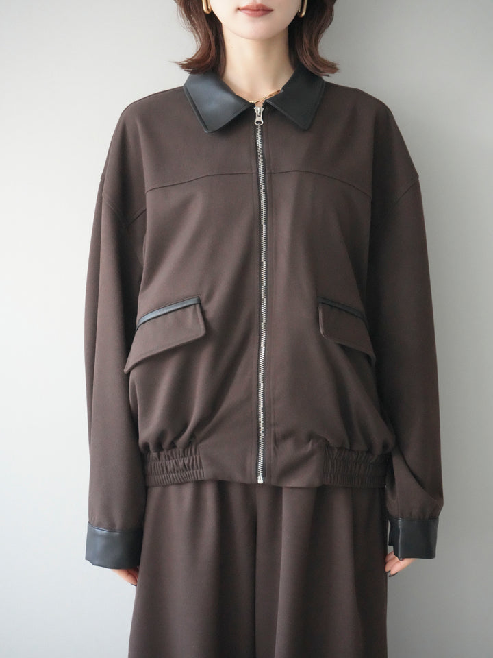 [予約]レザー襟配色パイピングブルゾン/brown
