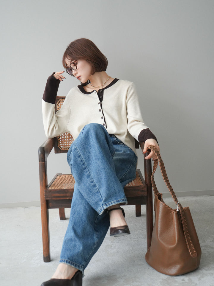 [予約]ヘンリーネック配色ニットソー/beige