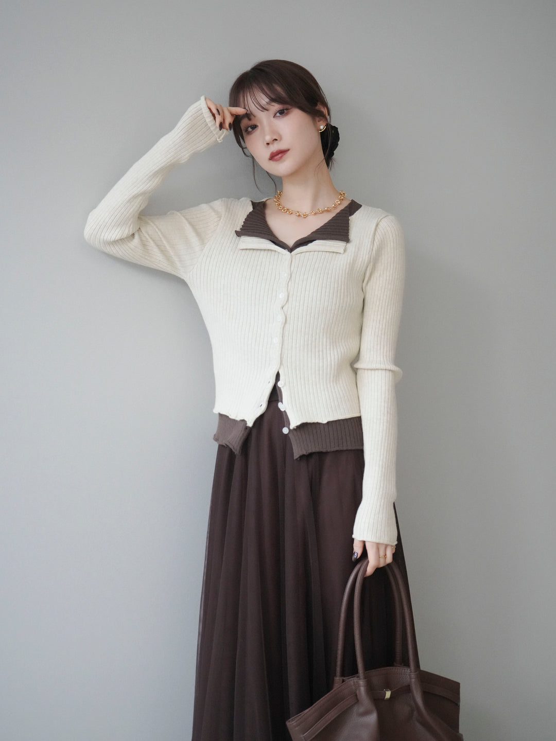 [予約]配色レイヤードリブニットカーディガン/ivory