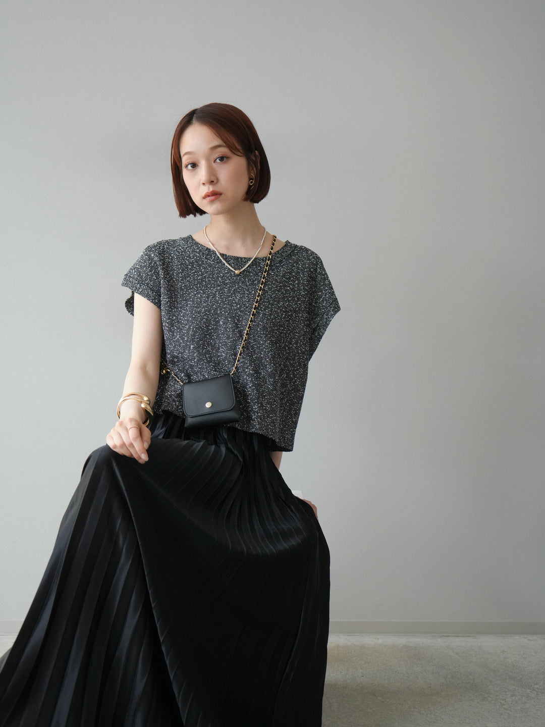 [SET]ネップヤーンクロップドニットベスト+サテンプリーツマキシスカート(2set)