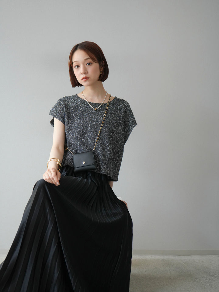 [SET]ネップヤーンクロップドニットベスト+サテンプリーツマキシスカート(2set)