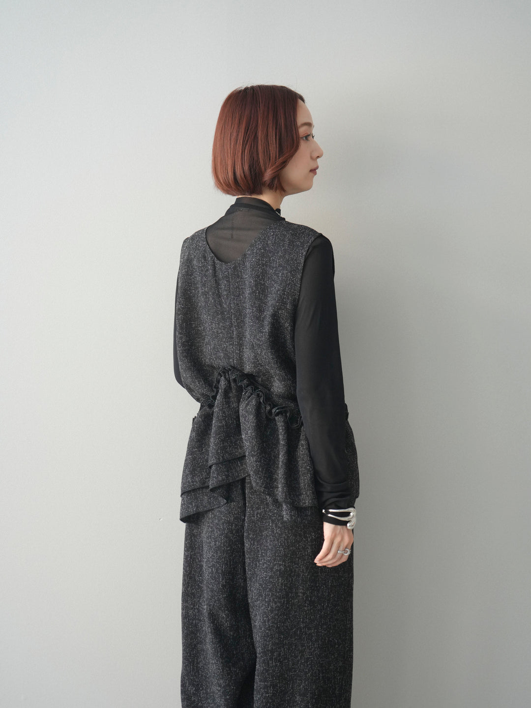 [SET]3WAYミックスツイードギャザーオールインワン+シアープチネックストレッチトップス(2set)