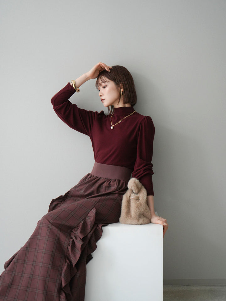 [予約]プチネックパワーショルダー起毛トップス/bordeaux