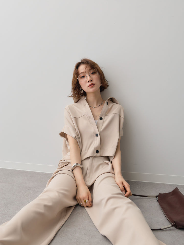 【套裝】縐綢燈籠無袖襯衫 + 縐綢闊腿褲（兩件套）