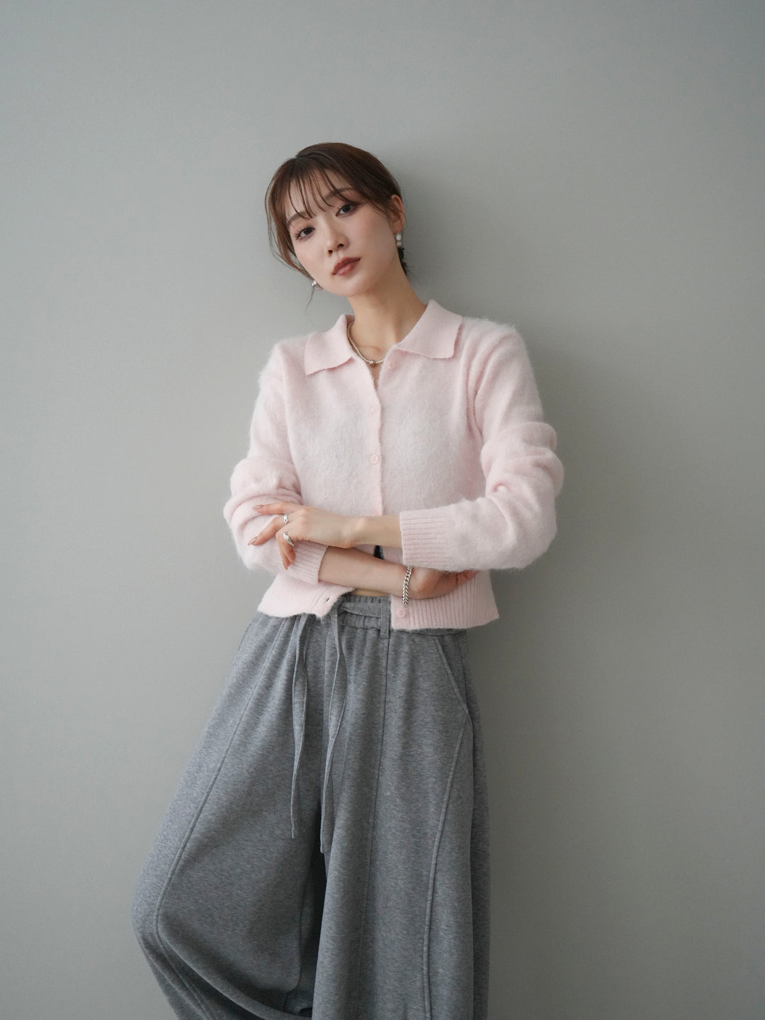 [予約]モヘア衿付きボタンプルオーバー/pink