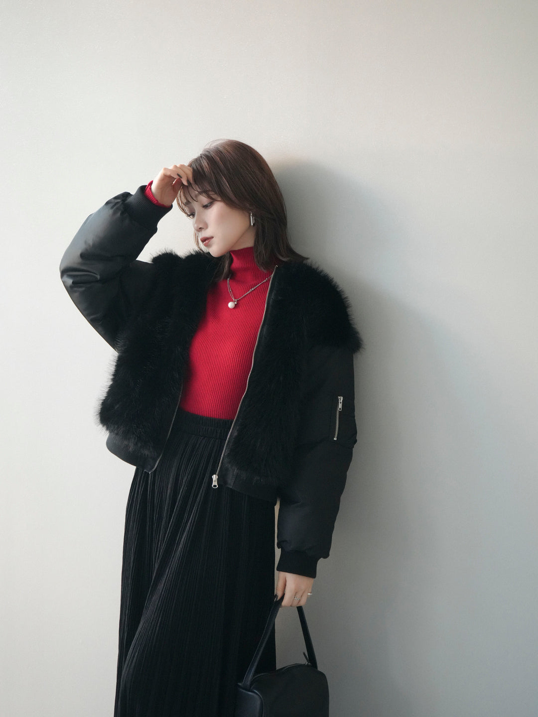 [SET]ファードッキングMA-1+袖ボタンボトルネックリブニットトップス+裾レーススウェードプリーツマキシスカート(3set)