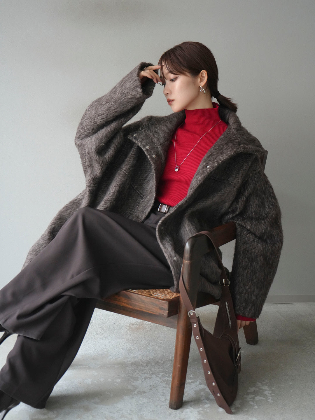 [予約]スタンドカラーシャギーコート/brown