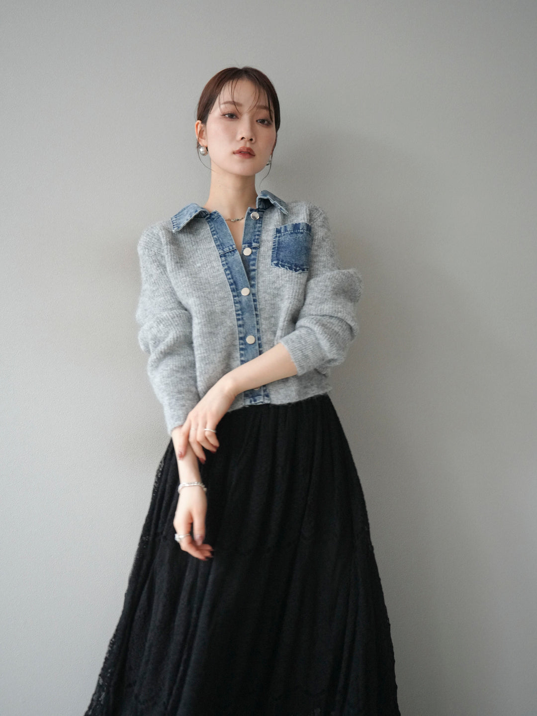 [予約]デニム襟ポケットニットカーディガン/gray
