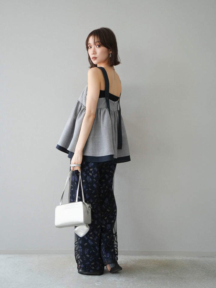 [SET]コード刺繍チュールレイヤードパンツ+ブーケプリントタックパンツ(2set)