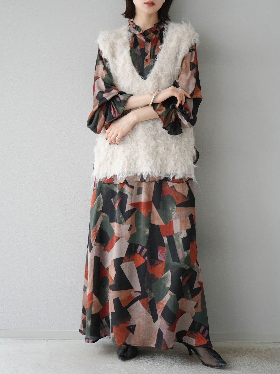 [予約]ウール混ミックスヤーンニットベスト/アイボリー