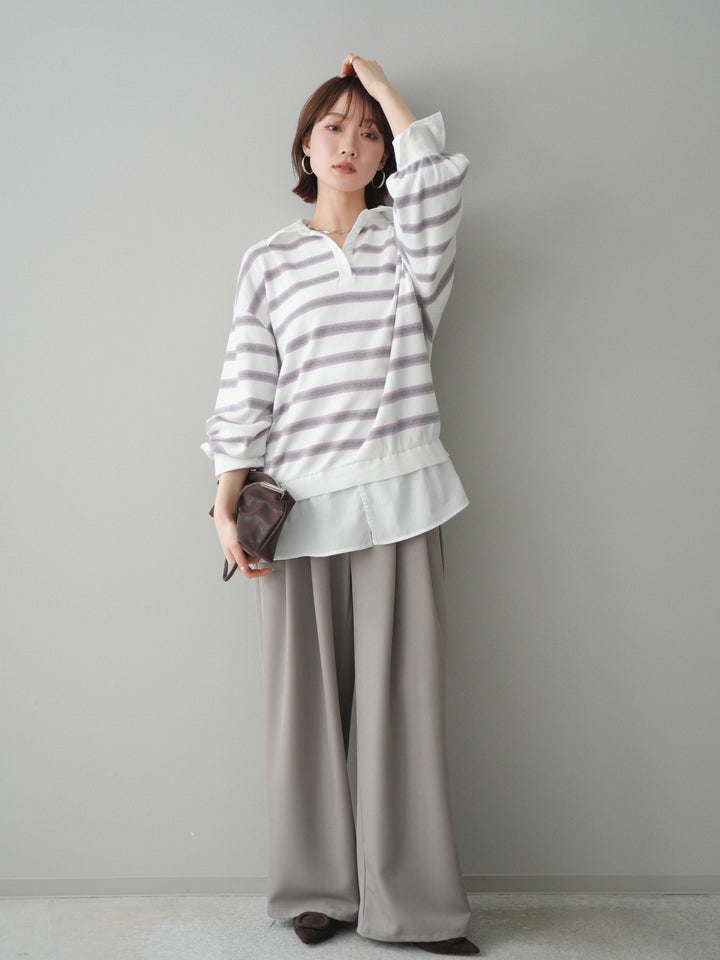 [予約]ウエストバイカラータックワイドパンツ/greige