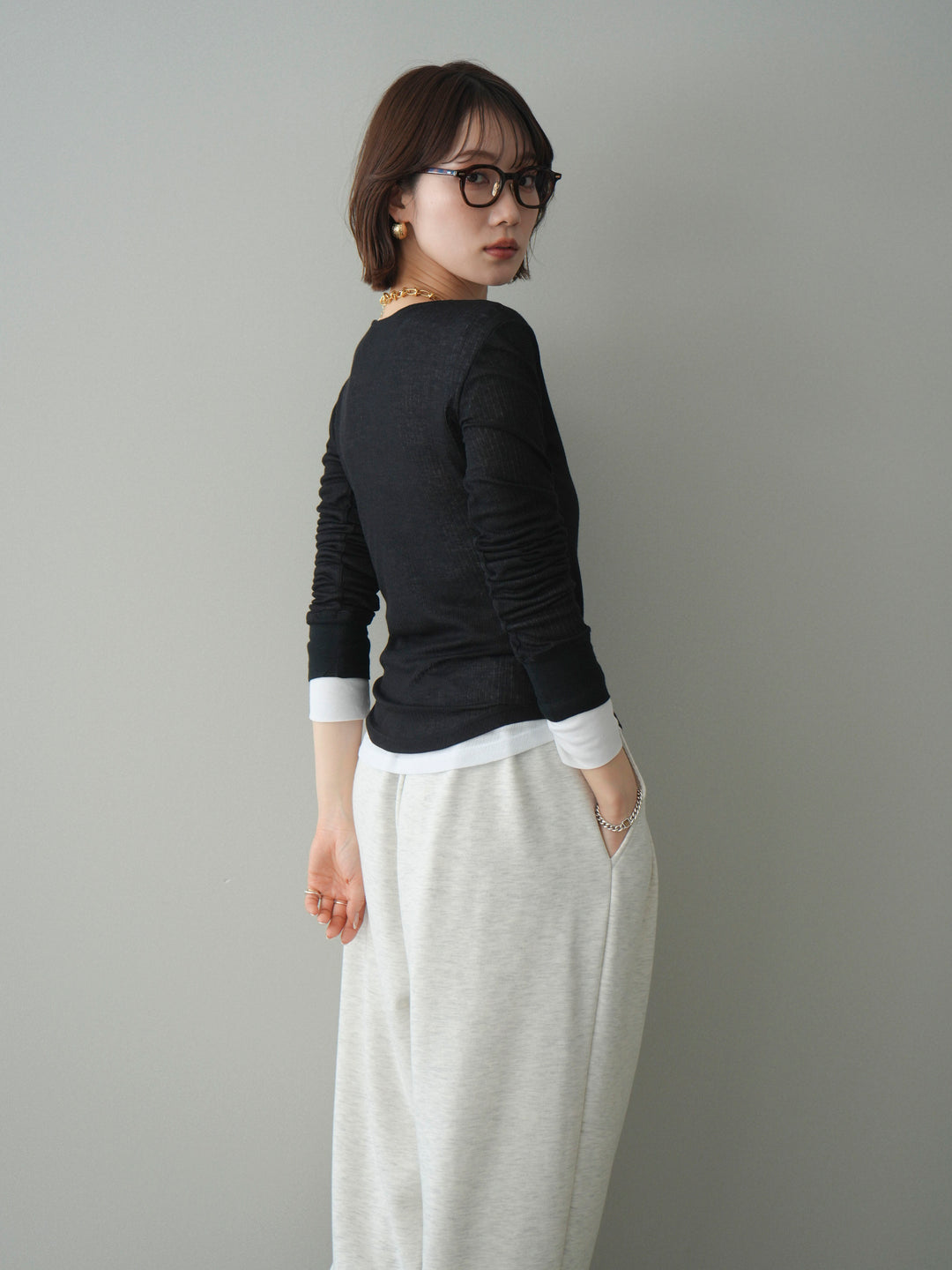 [予約]シアーリブヘンリーネックロンT/black