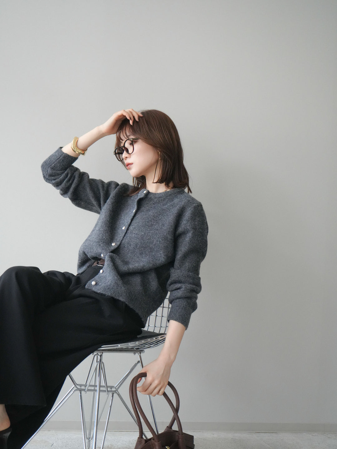 [SET]アンティークボタンニットカーディガン+アニマル柄ベルト付きウールタッチワイドパンツ(2set)