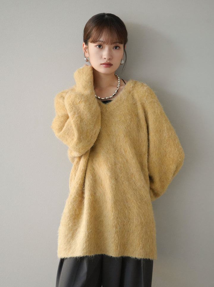 [予約]Vネックオーバーモヘアニットプルオーバー/イエロー