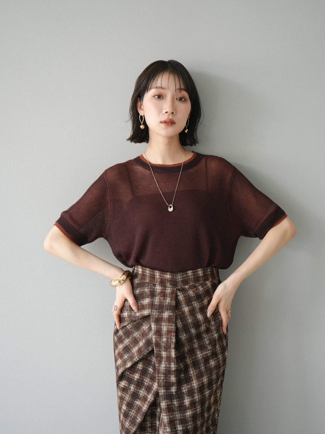 [SET]リネンタッチ配色二重臼ハーフニットトップス+選べるアソート柄スカートセット(2set)