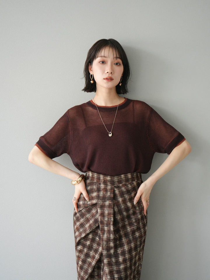 [SET]リネンタッチ配色二重臼ハーフニットトップス+選べるアソート柄スカートセット(2set)