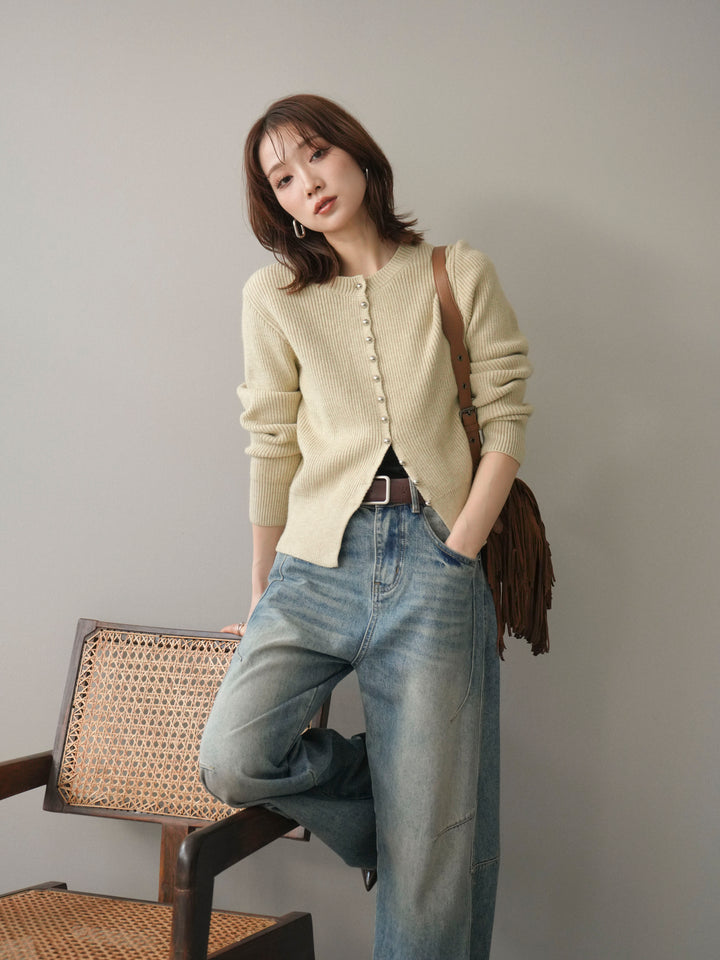 [SET]シルバーボタン畦編みニットカーディガン+ベルト付カーブデニムパンツ(2set)