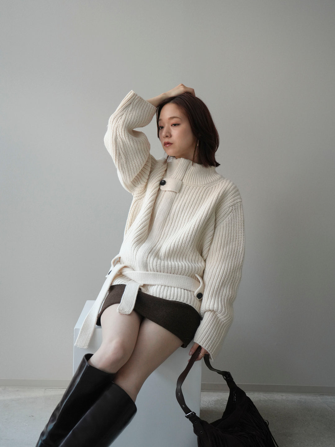 [予約]畦編みボトルネックZIPニットカーディガン/white