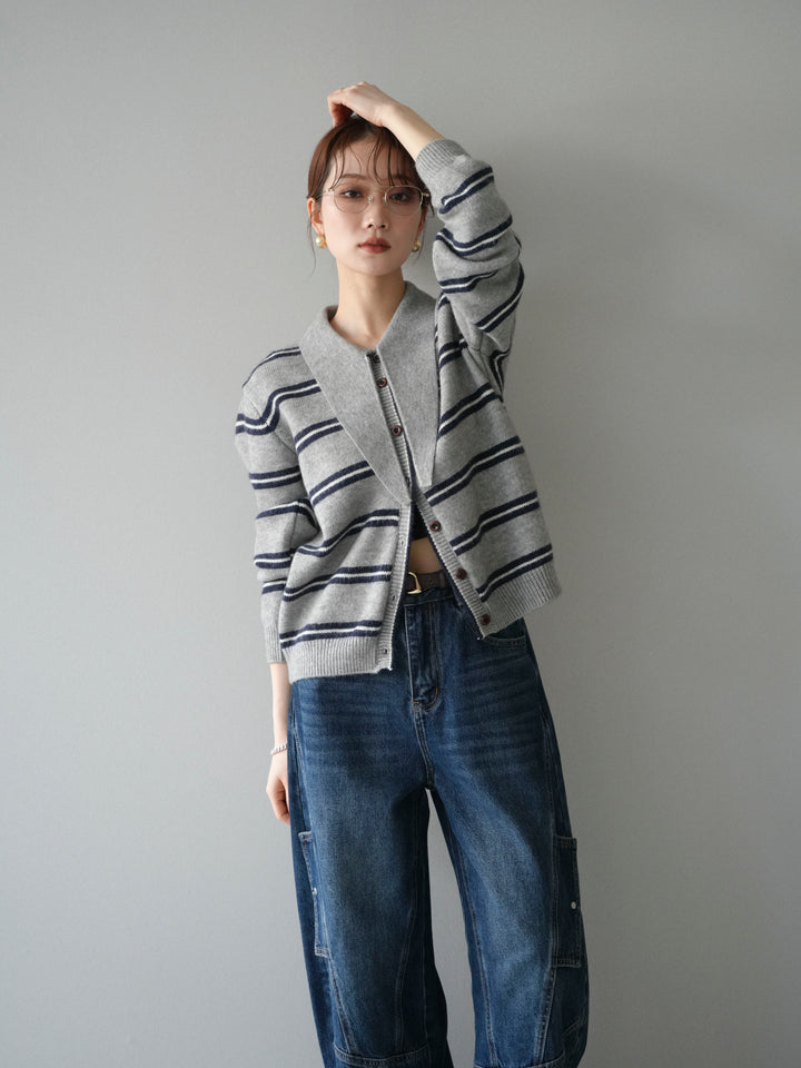 [予約]ボウタイボーダーニットカーディガン/gray