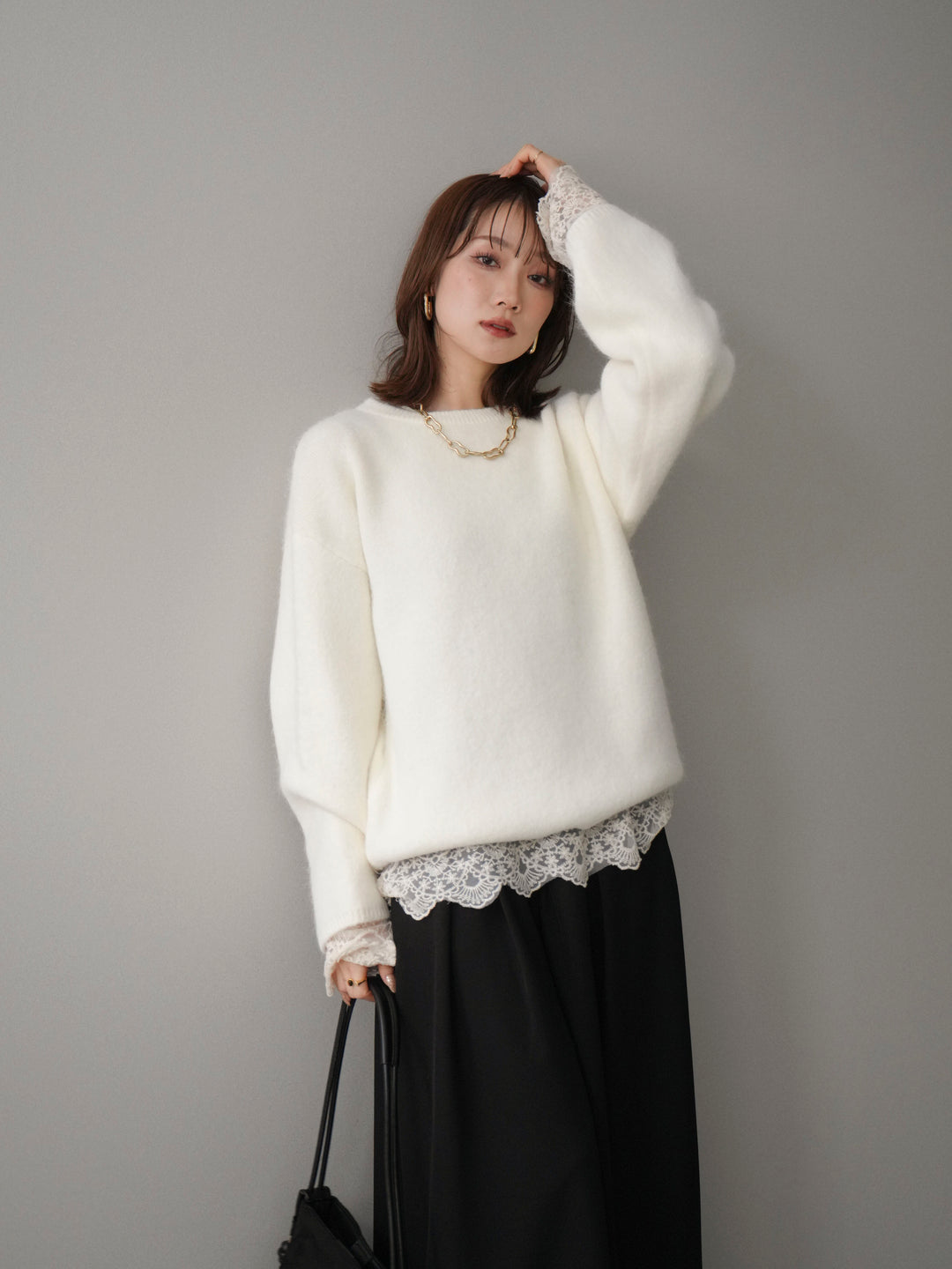 [SET]アンゴラタッチクルーネックニットプルオーバー+チュールレーストップス+テープベルトタックバギーパンツ(3set)