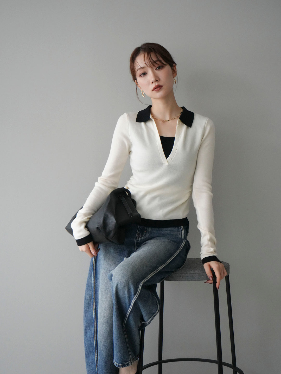 [予約]レイヤード配色ポロニットトップス/beige