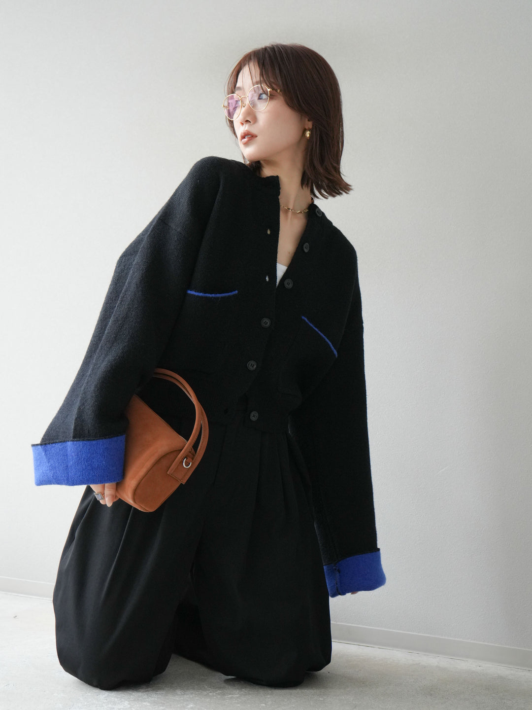 【SET】雙色針織開襟衫+褶襉設計寬褲（2套）