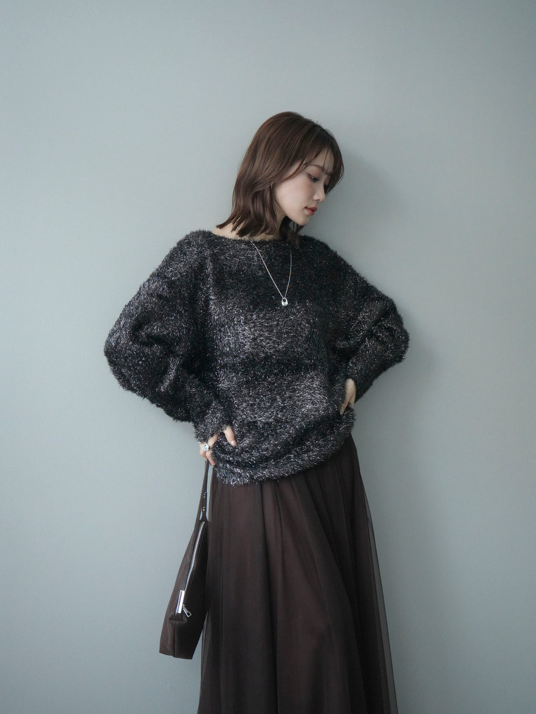 [予約]ラメシャギードルマンニットプルオーバー/brown