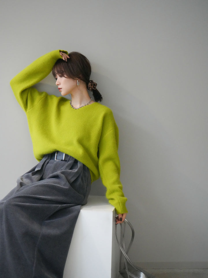 [SET]シュシュ付きアンゴラタッチVネックニットプルオーバー+ベルトデザインループコールテンワイドパンツ(ベルト付き)(2set)