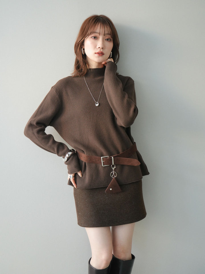 [予約]ボトルネック裾カールリブニットトップス/brown