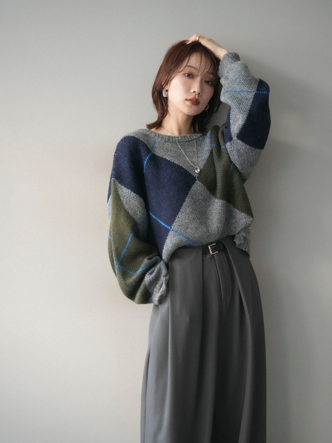 [予約]配色ステッチアーガイル柄ニットプルオーバー/gray