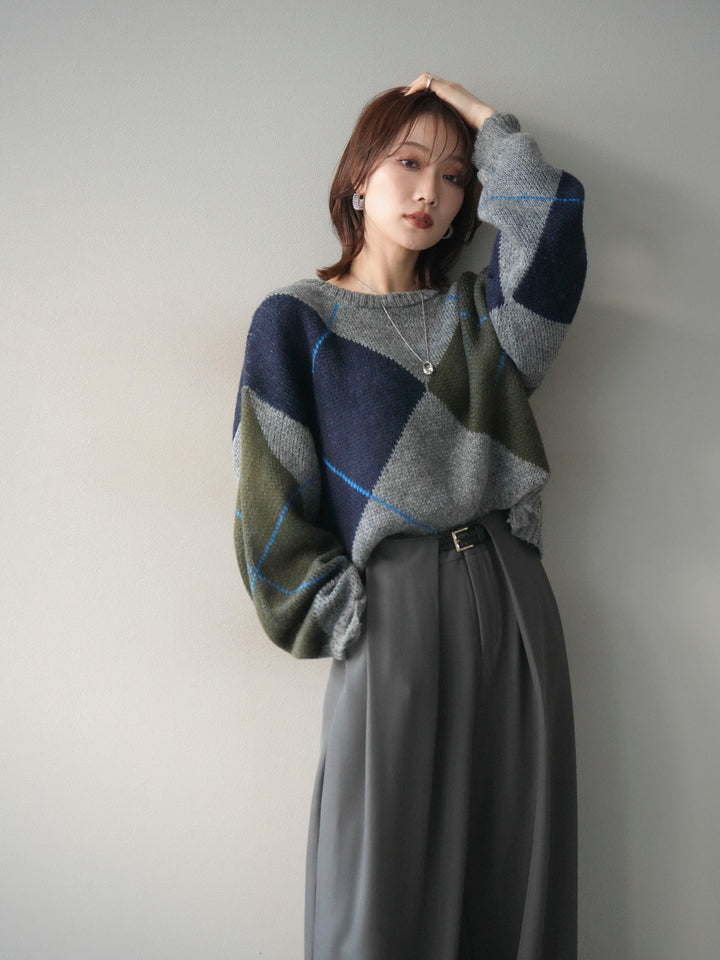 [予約]配色ステッチアーガイル柄ニットプルオーバー/gray