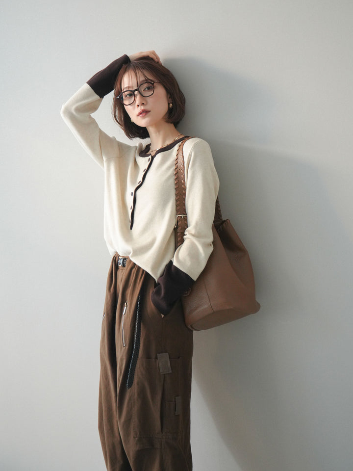 [SET]ヘンリーネック配色ニットソー+コットンタックループパンツ(2set)