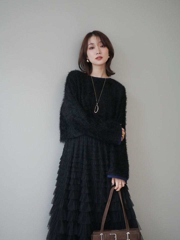 [予約]バイカラー2WAYシャギーニットカーディガン/black