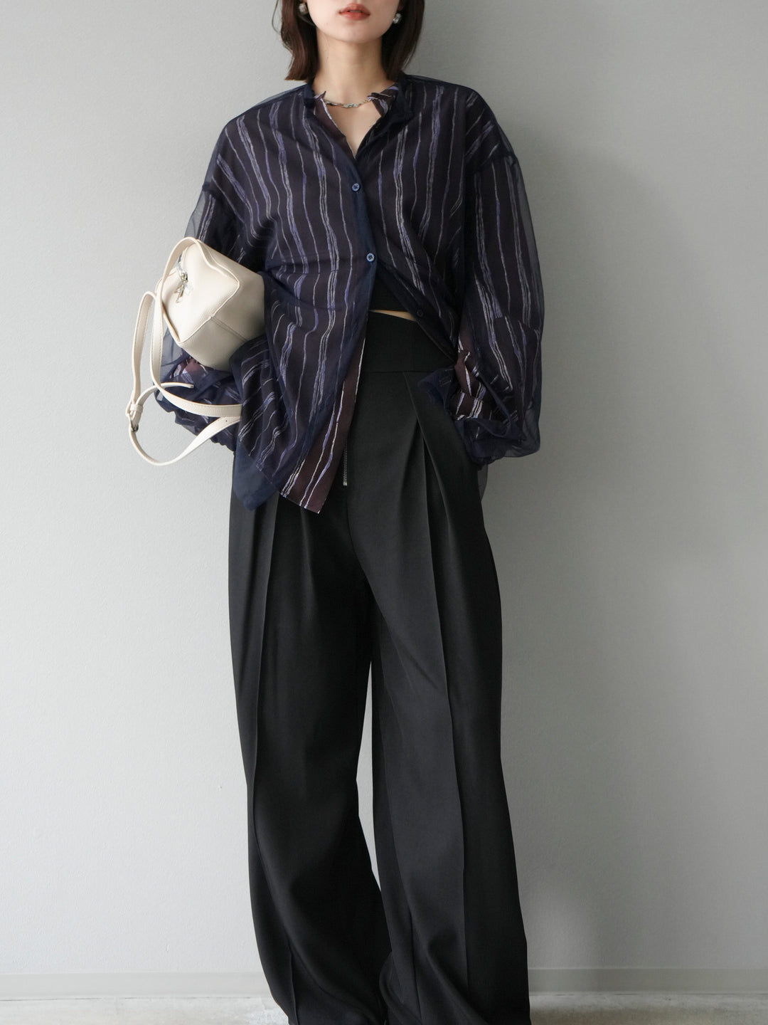 [予約]2WAYスリーブチュールシャツ/ネイビー