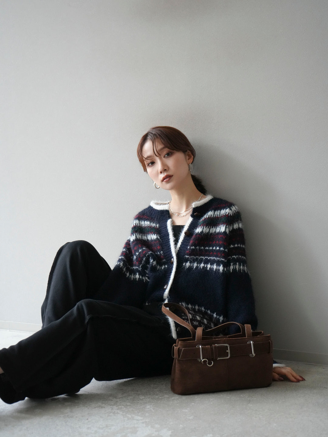 [SET]求心柄ウッドボタンニットカーディガン+選べるアクセセット(2set)