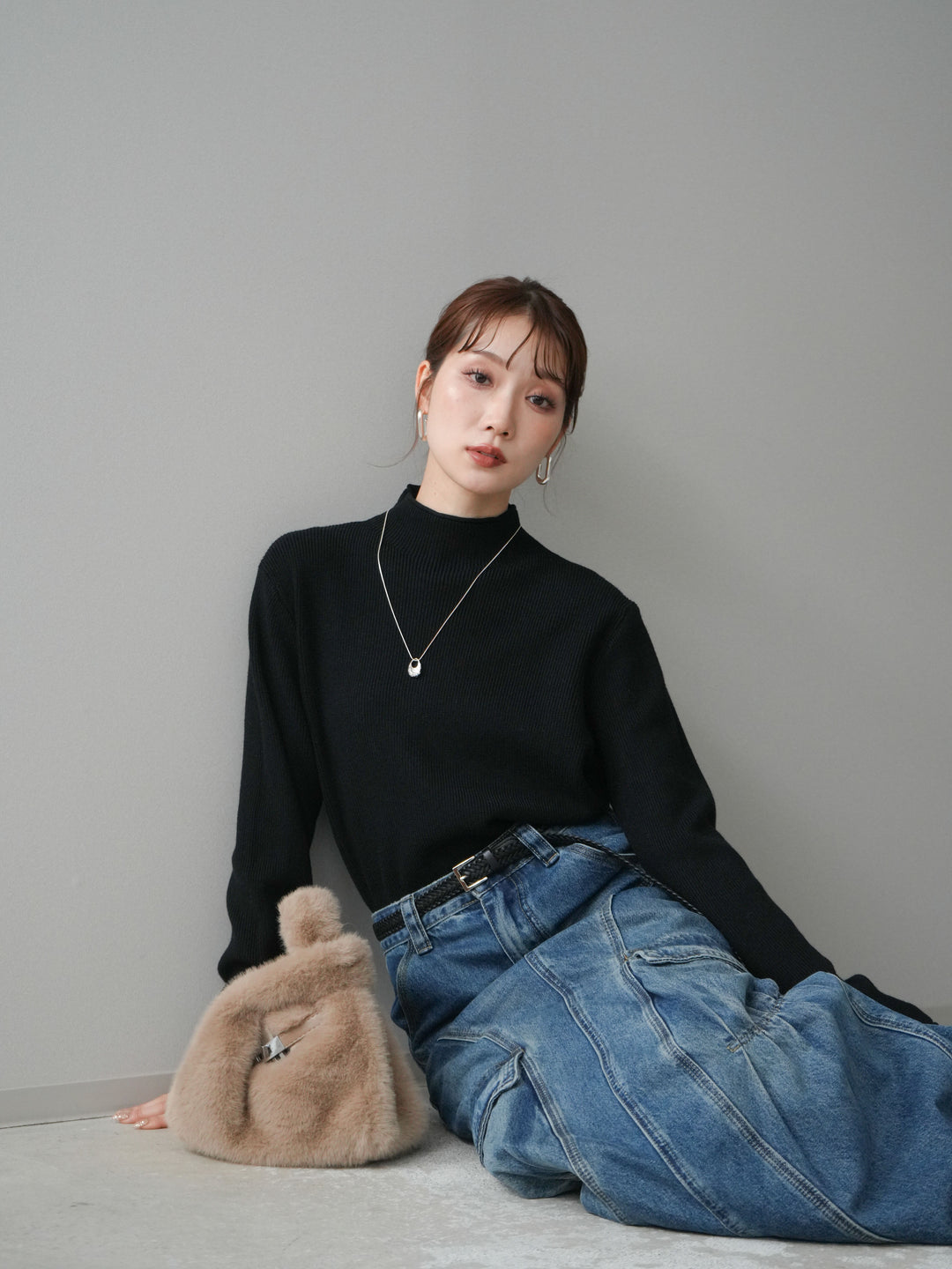 [SET]ボトルネック裾カールリブニットトップス+ボトルネック裾カールリブニットトップス(2set)