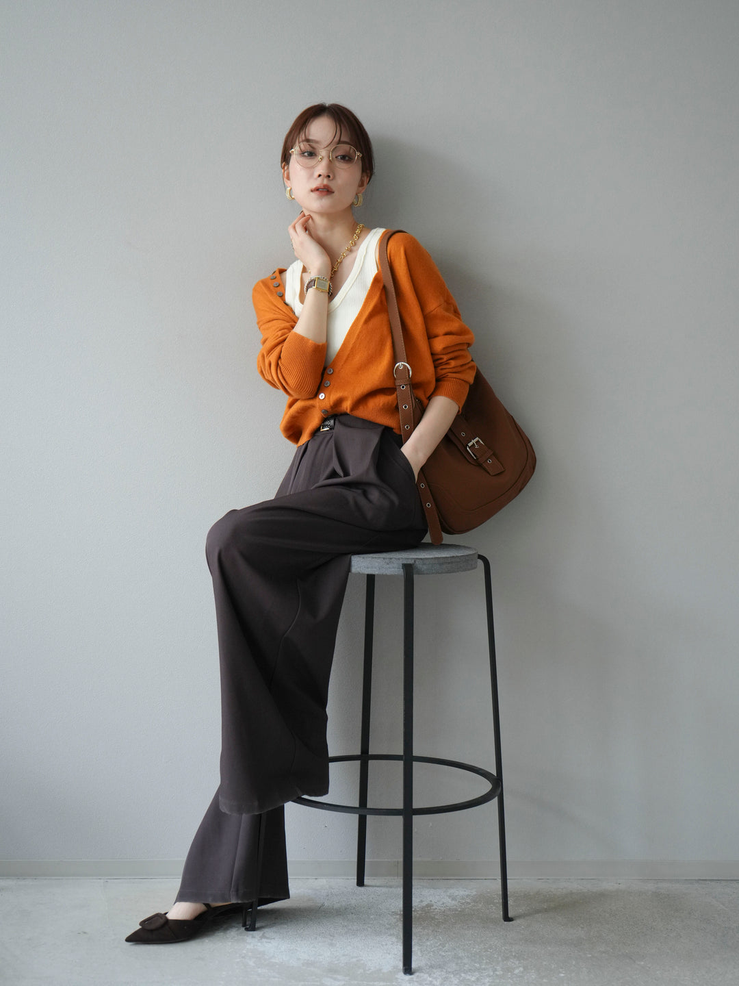 [SET]デザインボタンニットカーディガン＆タンクトップSET+ベルトループデザインワイドパンツ(2set)