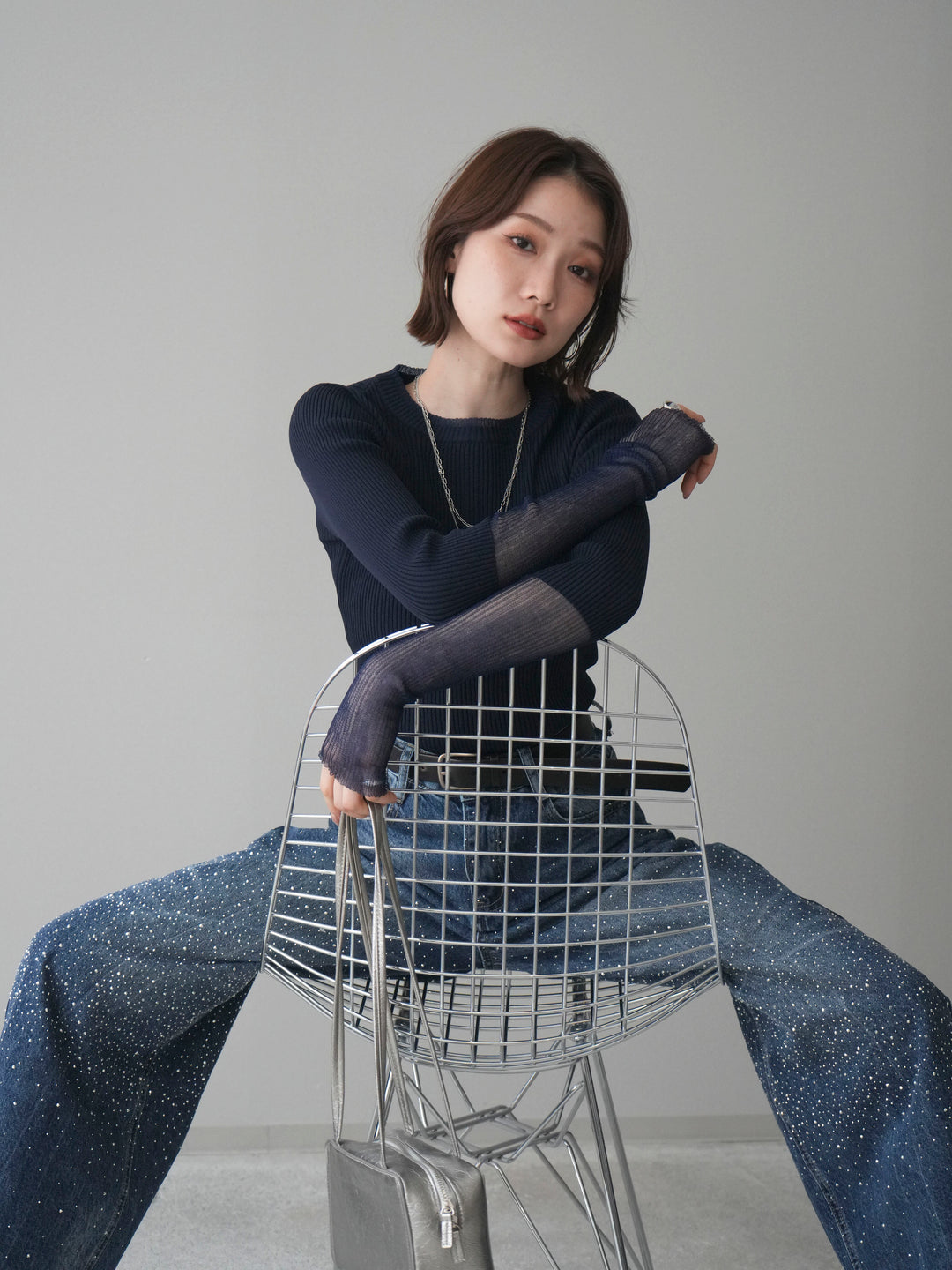 [SET]リブラメシアー切替リブニットトップス+ラインストーンカーブデニムパンツ(2set)