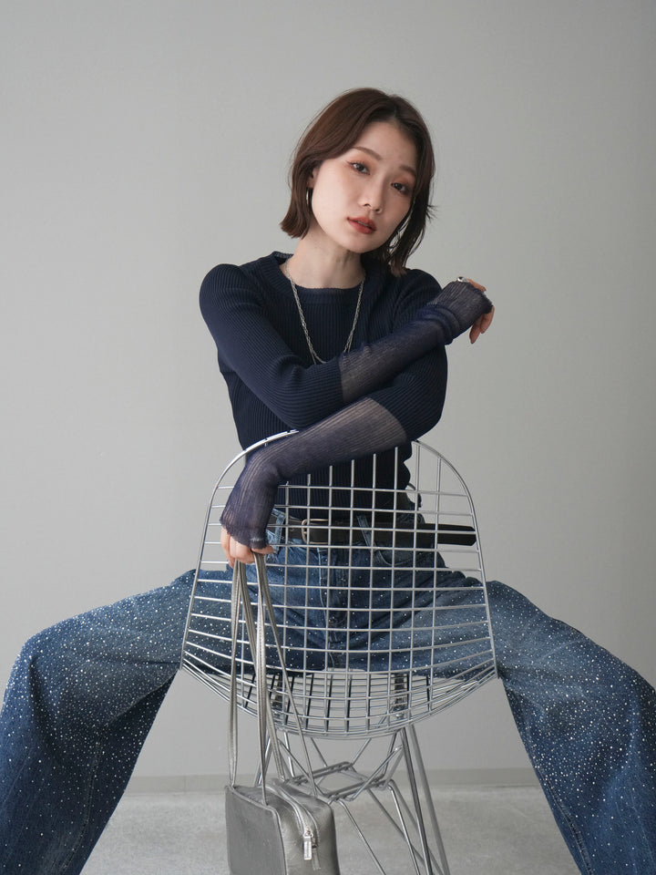 [SET]リブラメシアー切替リブニットトップス+ラインストーンカーブデニムパンツ(2set)