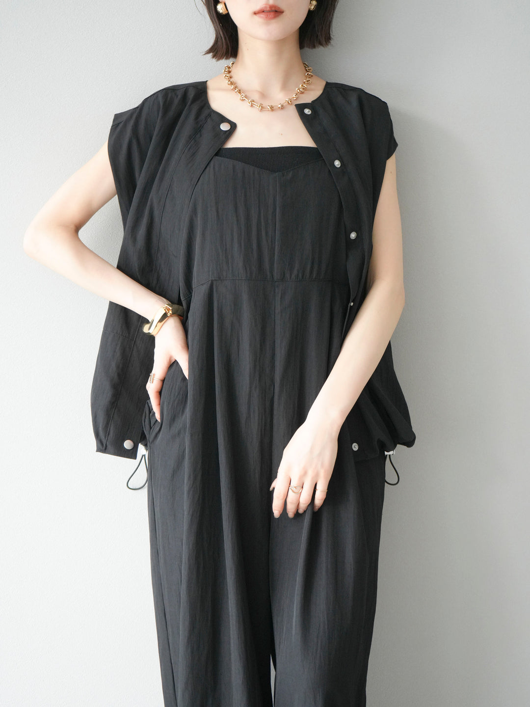 [SET]リネンライクビスチェデザインサロペット+リネンライクドロストバルーンブルゾン(2set)