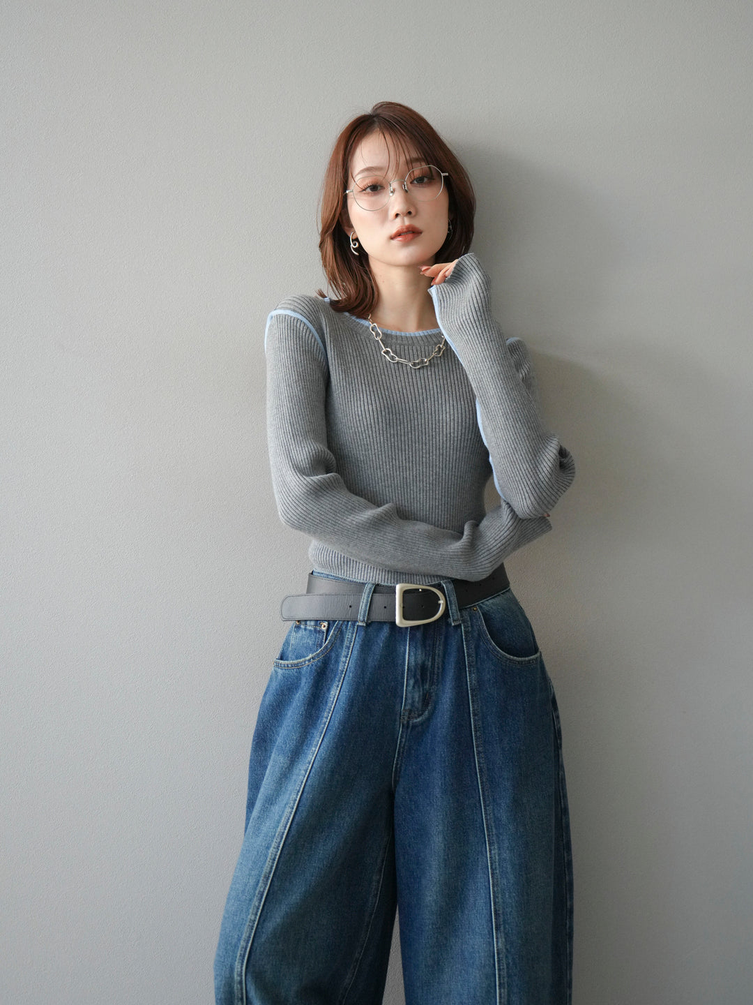 [予約]バイカラークルーネックリブニットトップス/gray