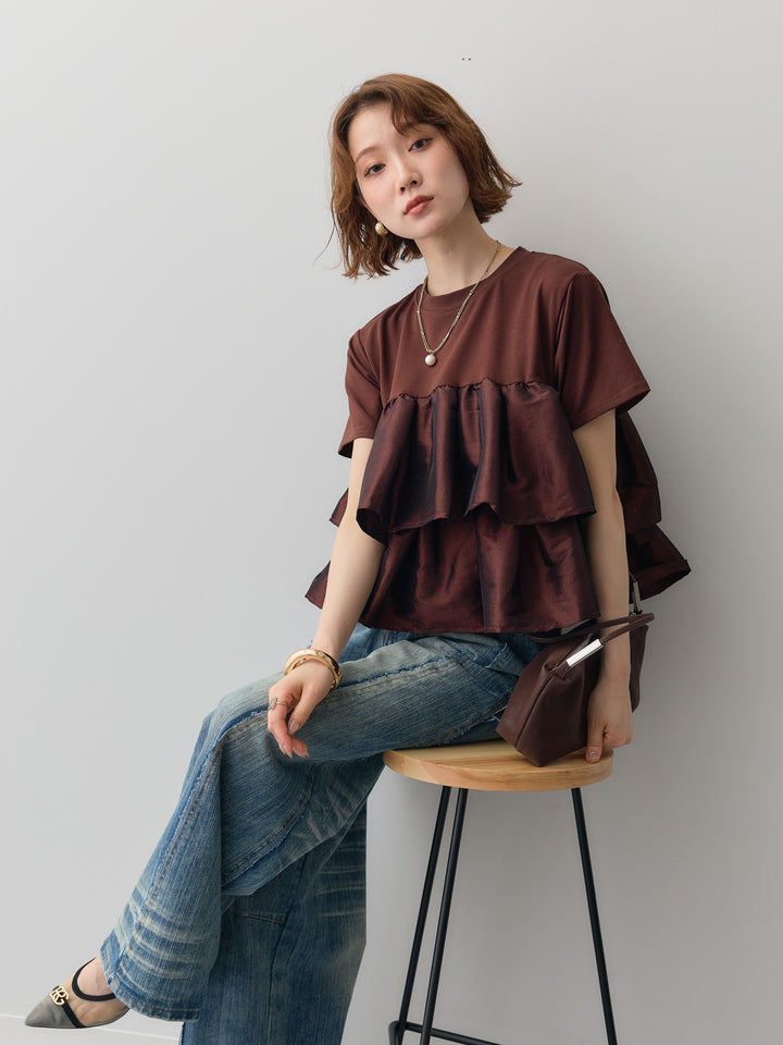 [SET]フリルティアードTEE+縦ウォッシュワイドデニムパンツ(2set)