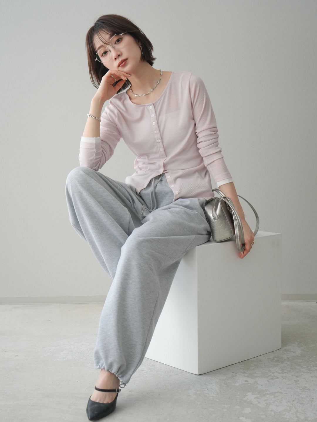 [予約]シアーリブバイカラーカーディガン/pink