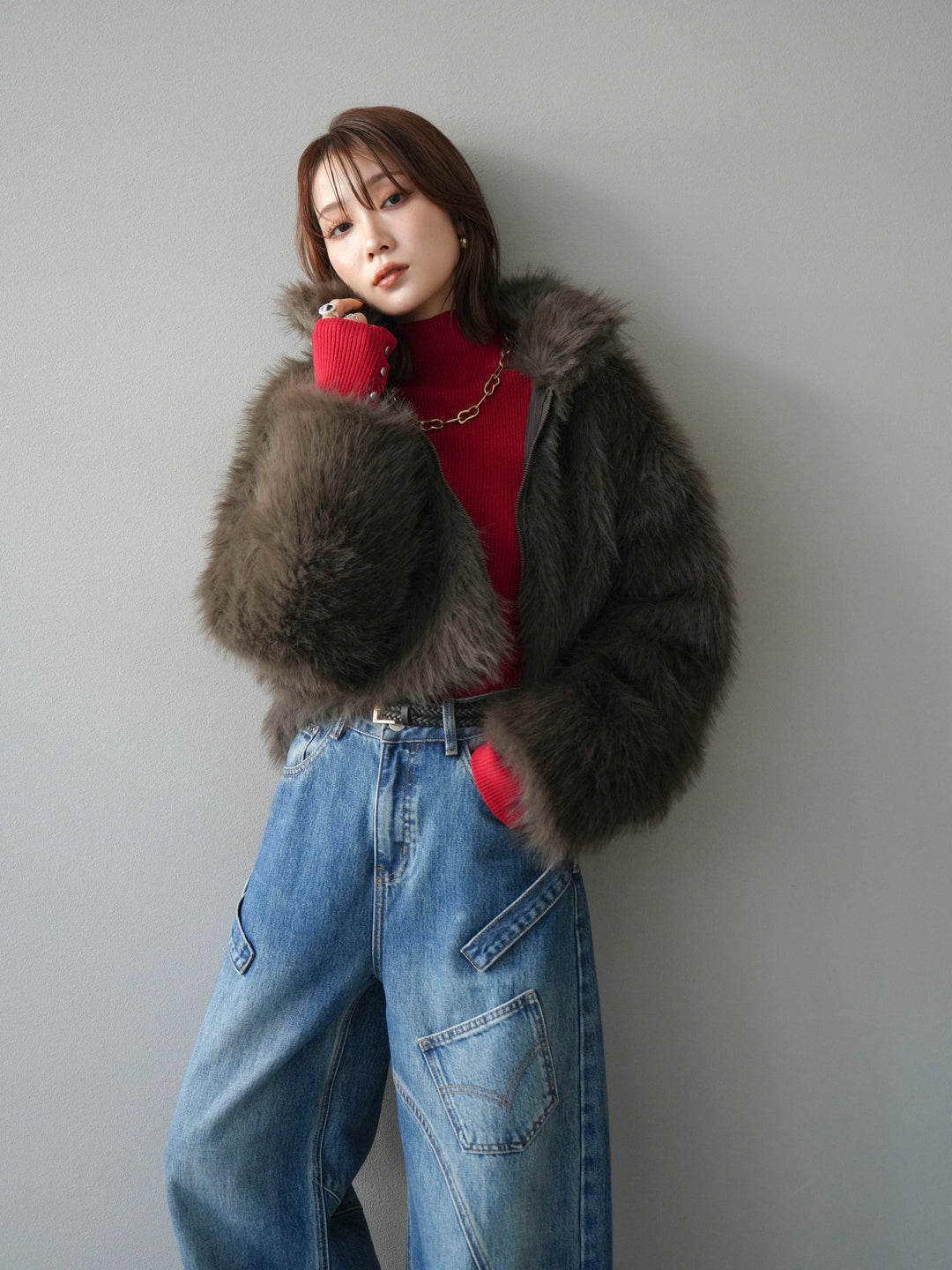 [予約]フェイクファーショートZIPジャケット/brown