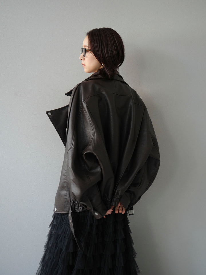 [予約]スタンドカラーフェイクレザーブルゾン/ブラウン