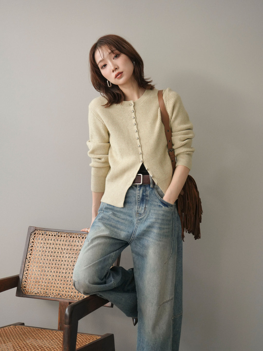 [予約]シルバーボタン畦編みニットカーディガン/ivory