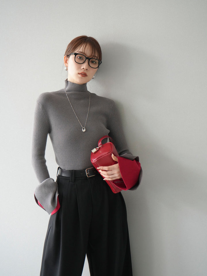 [SET] 疊層喇叭袖高領針織上衣 + 雙褶寬褲 (2 套)