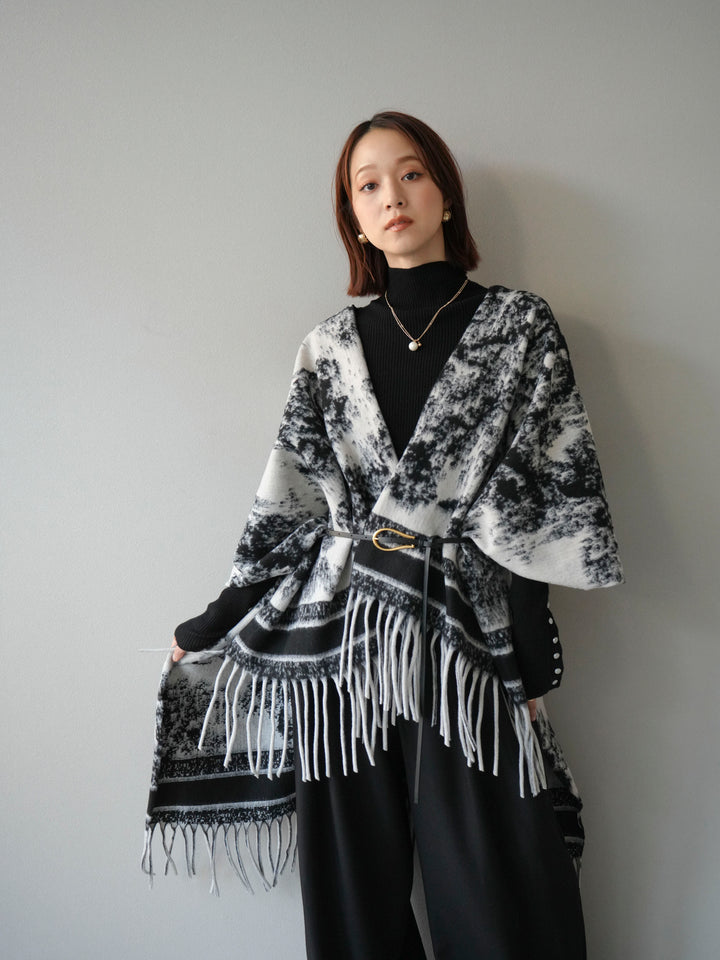 [予約]アブストラクト柄ストールポンチョ/グレー